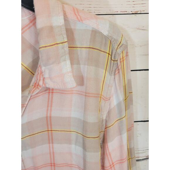 Catherines Button Down Shirt Plus Size 1X Pink Tan Plaid Roll Tab Sleeve Women's - Picture 8 of 9